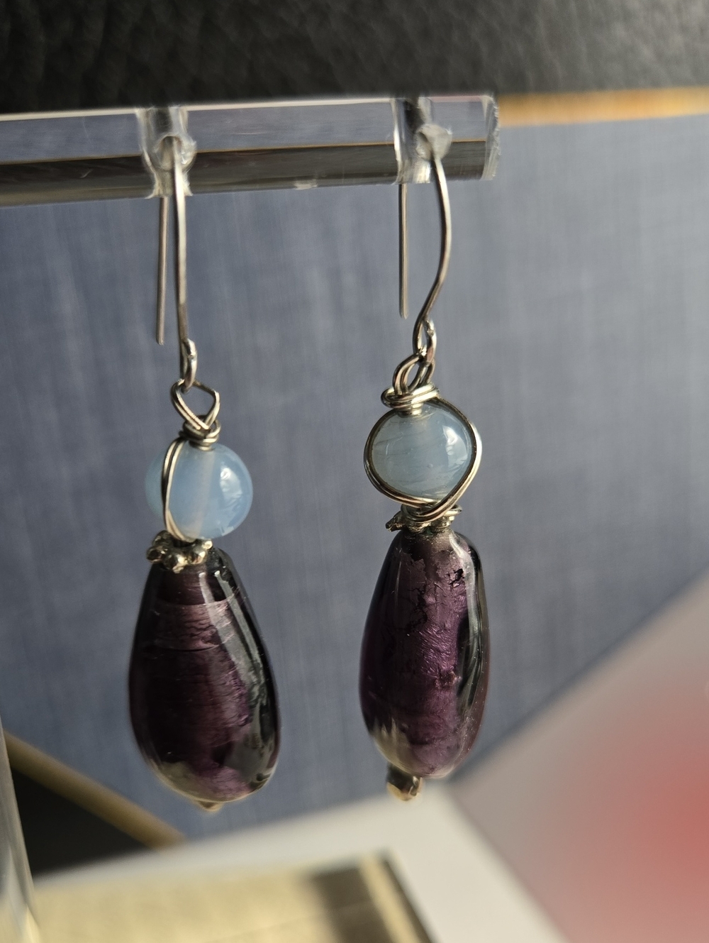 Purple Glass Teardrop Earrings with Light Blue Accent In Silver Tone